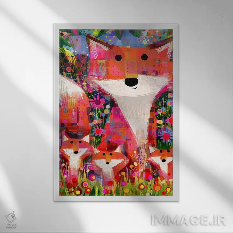 تابلو مدرن Foliage And Flowers,روباه ها، شاخ و برگ و گل ها اثر گارث لوکاس - نمای قابدار سفید