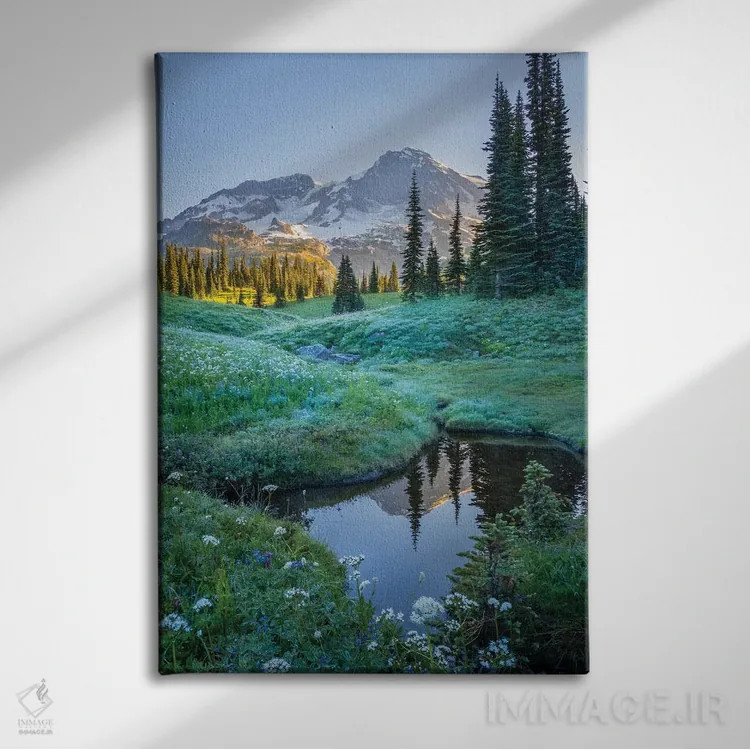 تابلو دکوراتیو Mt. Rainier National Park I,انعکاس کوه رینیر در برکه میان گل ه… اثر گری لوهم - نمای روبهرو روی دیوار