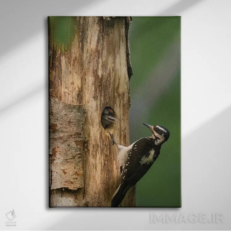 تابلو دکوراتیو WA. Female Hairy Woodpecker at nest chick in western Washingto… اثر گری لوهم - نمای روبهرو روی دیوار