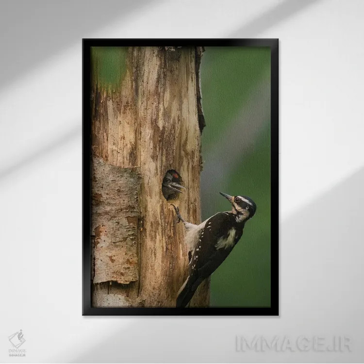 تابلو دکوراتیو WA. Female Hairy Woodpecker at nest chick in western Washingto… اثر گری لوهم - نمای قابدار مشکی