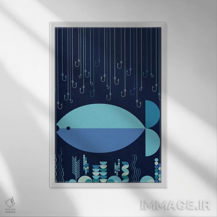 تابلو مدرن ماهی و قلاب ها اثر گرگ مابلی - نمای قابدار سفید