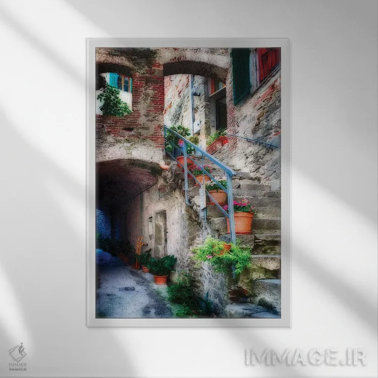 تابلو دکوراتیو کوچه باریک با پله ها، کورنیلیا، چینکو تره، لیگوریا، ایتالیا اثر جورج اوزه - نمای قابدار سفید