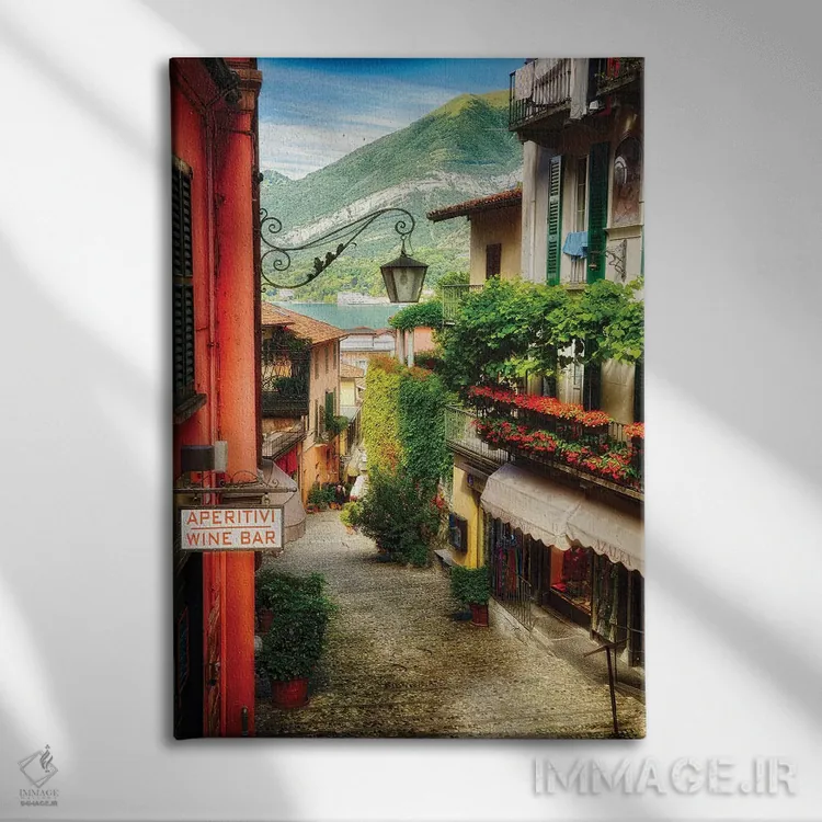 تابلو دکوراتیو نمای بالا از خیابان باریک با بالکن ها و فروشگاه ها، بلاشو، در… اثر جورج اوزه - نمای روبهرو روی دیوار