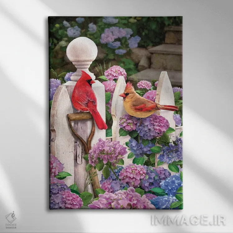 تابلو دکوراتیو کارباورال ها روی حصار با گل ادریسی اثر گرگ جوردانو - نمای روبهرو روی دیوار