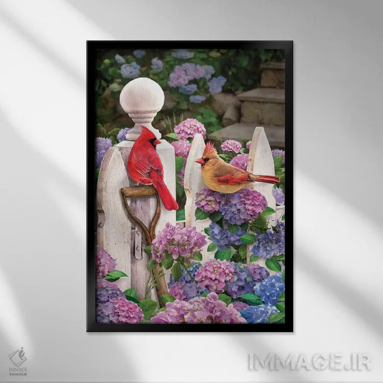 تابلو دکوراتیو کارباورال ها روی حصار با گل ادریسی اثر گرگ جوردانو - نمای قابدار مشکی