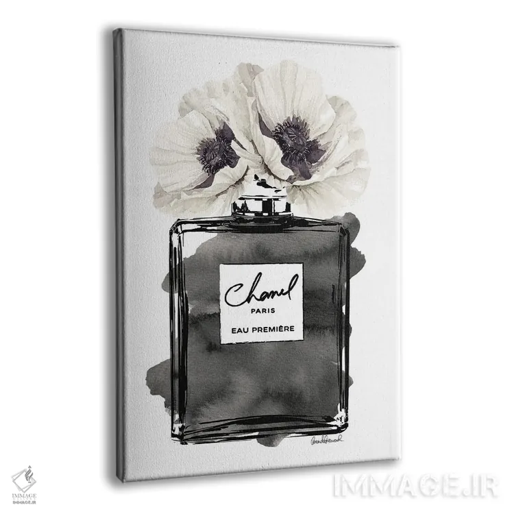 تابلو دکوراتیو Black With Grey & White Poppy,بطری عطر مشکی با شقایق خاک… اثر آماندا گرینوود - نمای پرسپکتیو محصول