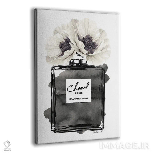 تابلو دکوراتیو Black With Grey & White Poppy,بطری عطر مشکی با شقایق خاک… اثر آماندا گرینوود - نمای پرسپکتیو محصول