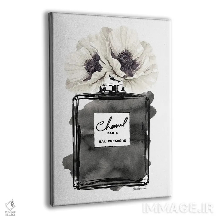 تابلو دکوراتیو Black With Grey & White Poppy,بطری عطر مشکی با شقایق خاک… اثر آماندا گرینوود - نمای پرسپکتیو محصول