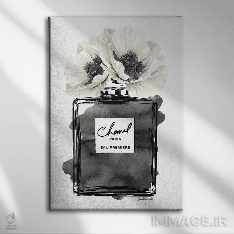 تابلو دکوراتیو Black With Grey & White Poppy,بطری عطر مشکی با شقایق خاک… اثر آماندا گرینوود - نمای روبهرو روی دیوار