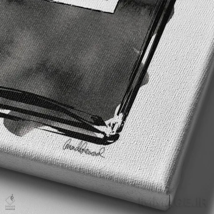 تابلو دکوراتیو Black With Grey & White Poppy,بطری عطر مشکی با شقایق خاک… اثر آماندا گرینوود - نمای نزدیک بافت بوم
