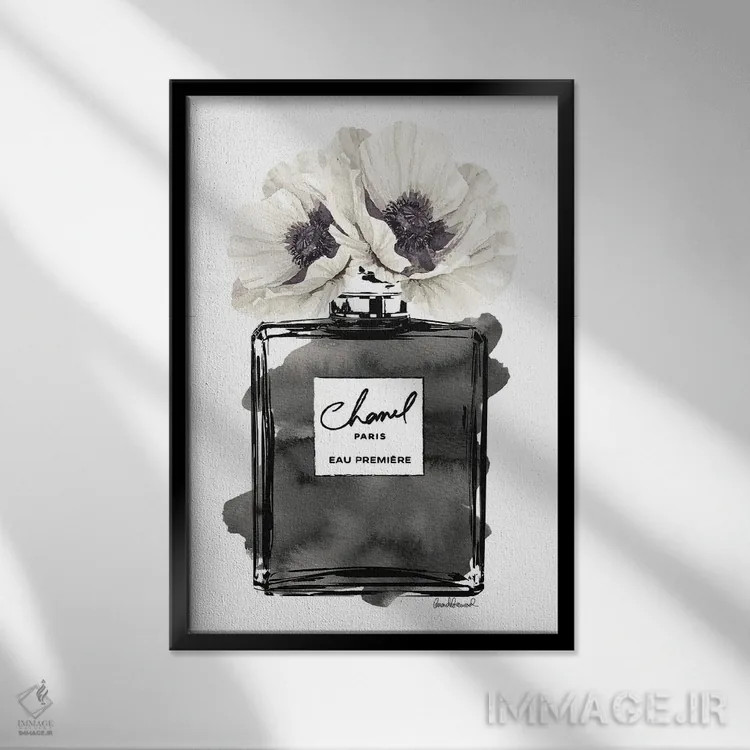 تابلو دکوراتیو Black With Grey & White Poppy,بطری عطر مشکی با شقایق خاک… اثر آماندا گرینوود - نمای قابدار مشکی