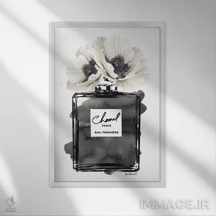 تابلو دکوراتیو Black With Grey & White Poppy,بطری عطر مشکی با شقایق خاک… اثر آماندا گرینوود - نمای قابدار سفید