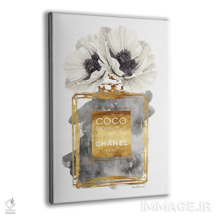 تابلو دکوراتیو Dark Gold With Dark Grey & White Poppy,بطری عطر طلایی تی… اثر آماندا گرینوود - نمای پرسپکتیو محصول