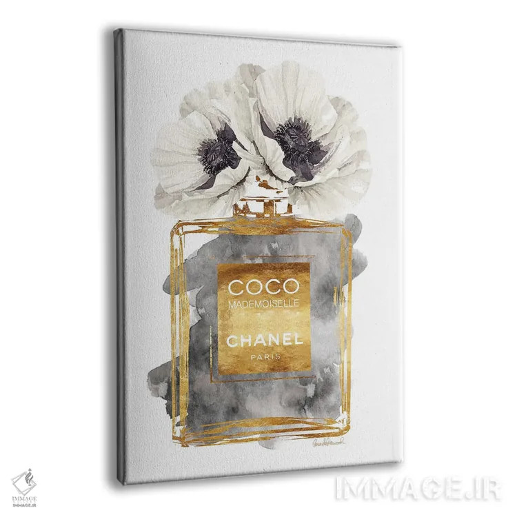 تابلو دکوراتیو Dark Gold With Dark Grey & White Poppy,بطری عطر طلایی تی… اثر آماندا گرینوود - نمای پرسپکتیو محصول