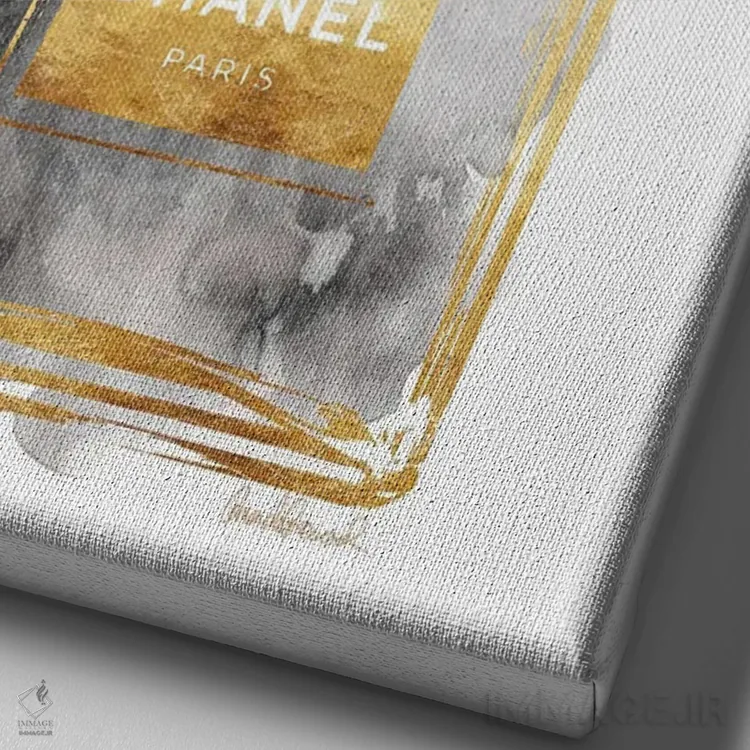 تابلو دکوراتیو Dark Gold With Dark Grey & White Poppy,بطری عطر طلایی تی… اثر آماندا گرینوود - نمای نزدیک بافت بوم