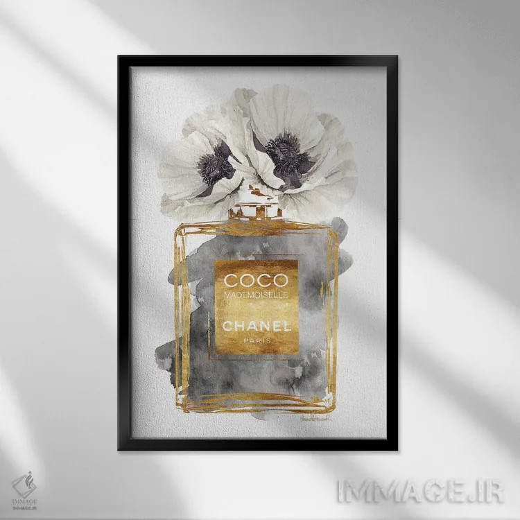 تابلو دکوراتیو Dark Gold With Dark Grey & White Poppy,بطری عطر طلایی تی… اثر آماندا گرینوود - نمای قابدار مشکی