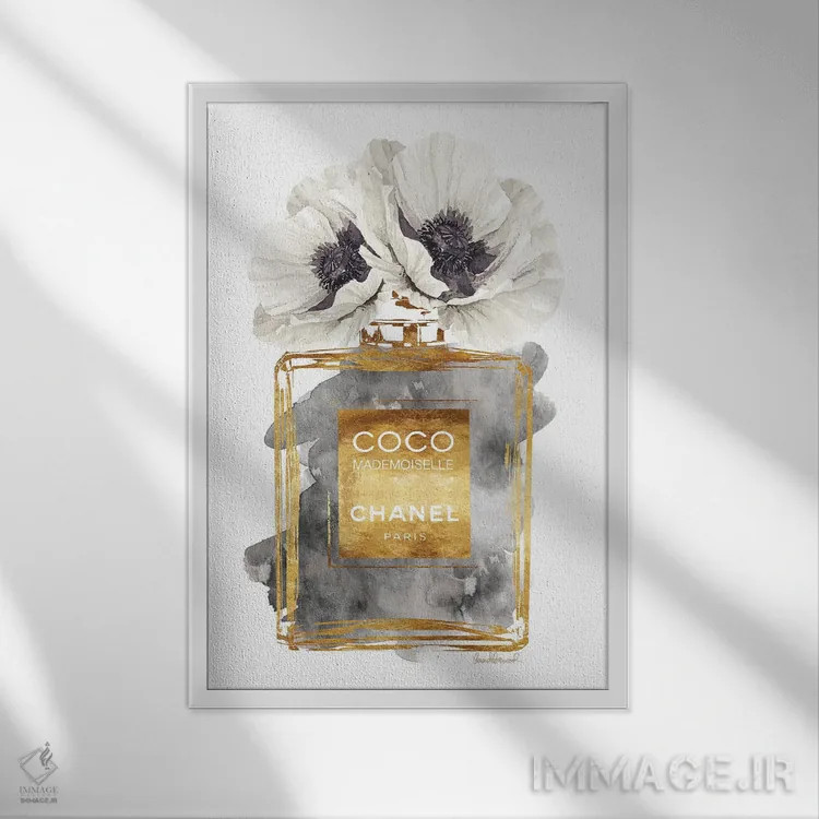 تابلو دکوراتیو Dark Gold With Dark Grey & White Poppy,بطری عطر طلایی تی… اثر آماندا گرینوود - نمای قابدار سفید