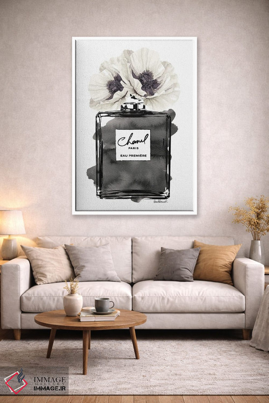 تابلو دکوراتیو Black With Grey & White Poppy,بطری عطر مشکی با شقایق خاک… اثر آماندا گرینوود - D1W