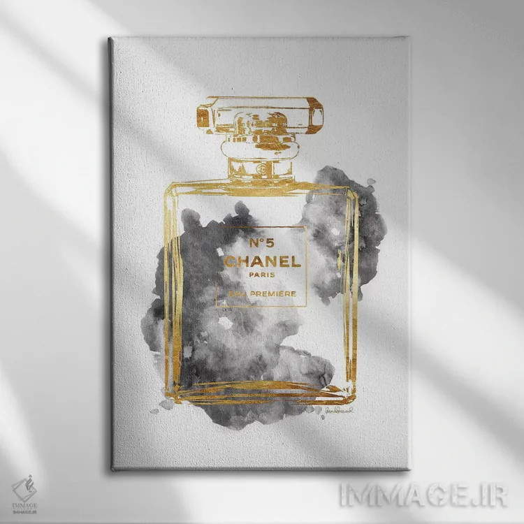 تابلو دکوراتیو Gold & Grey,بطری عطر طلایی و خاکستری اثر آماندا گرینوود - نمای روبهرو روی دیوار