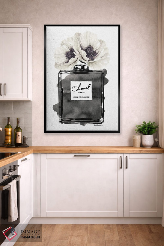 تابلو دکوراتیو Black With Grey & White Poppy,بطری عطر مشکی با شقایق خاک… اثر آماندا گرینوود - D3B