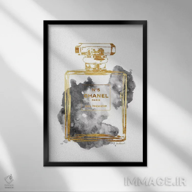 تابلو دکوراتیو Gold & Grey,بطری عطر طلایی و خاکستری اثر آماندا گرینوود - نمای قابدار مشکی