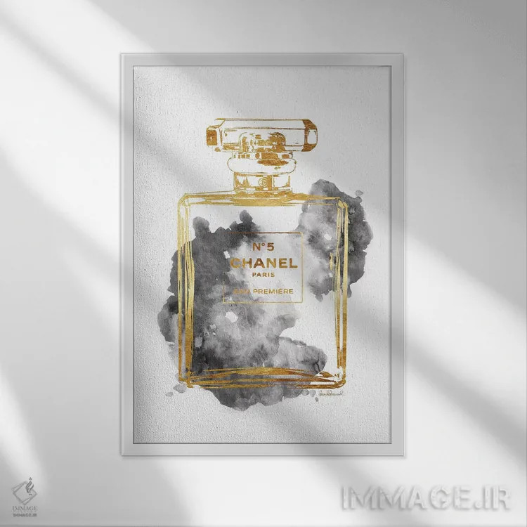 تابلو دکوراتیو Gold & Grey,بطری عطر طلایی و خاکستری اثر آماندا گرینوود - نمای قابدار سفید