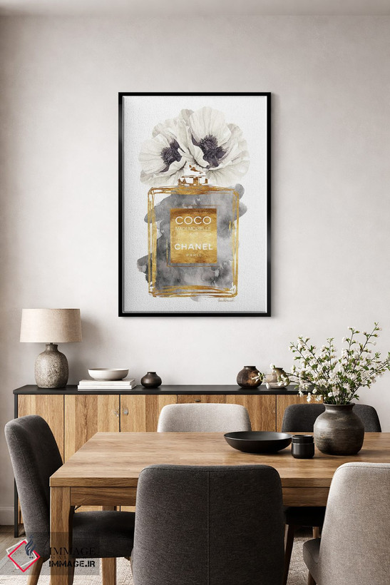 تابلو دکوراتیو Dark Gold With Dark Grey & White Poppy,بطری عطر طلایی تی… اثر آماندا گرینوود - D4B