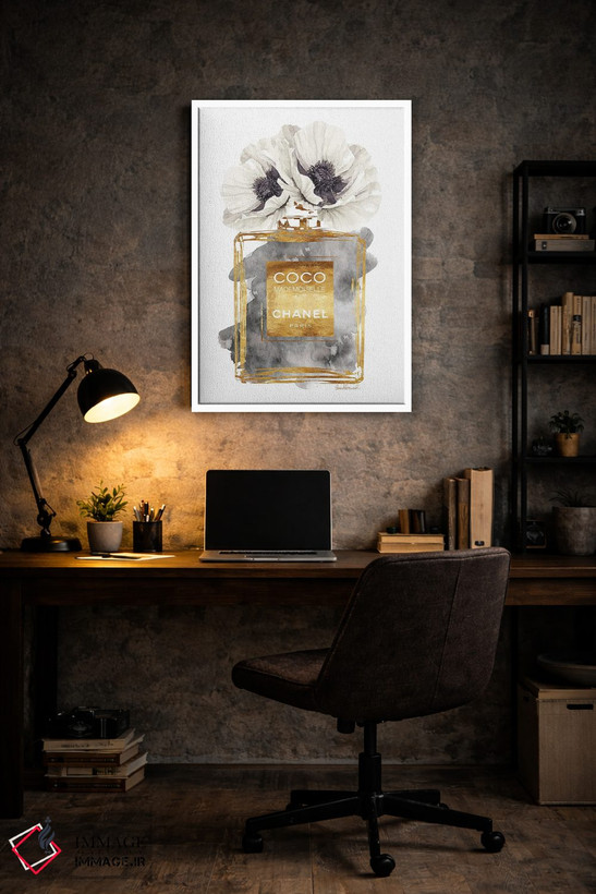 تابلو دکوراتیو Dark Gold With Dark Grey & White Poppy,بطری عطر طلایی تی… اثر آماندا گرینوود - D6W