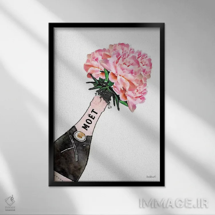 تابلو دکوراتیو شامپاین با پاشش صورتی و گل صدتومانی V اثر آماندا گرینوود - نمای قابدار مشکی