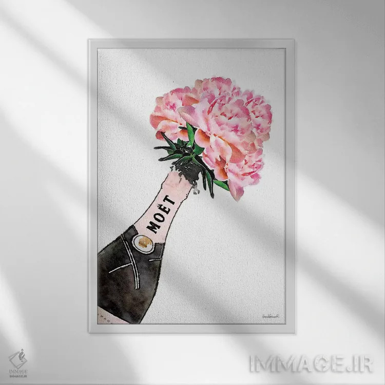 تابلو دکوراتیو شامپاین با پاشش صورتی و گل صدتومانی V اثر آماندا گرینوود - نمای قابدار سفید