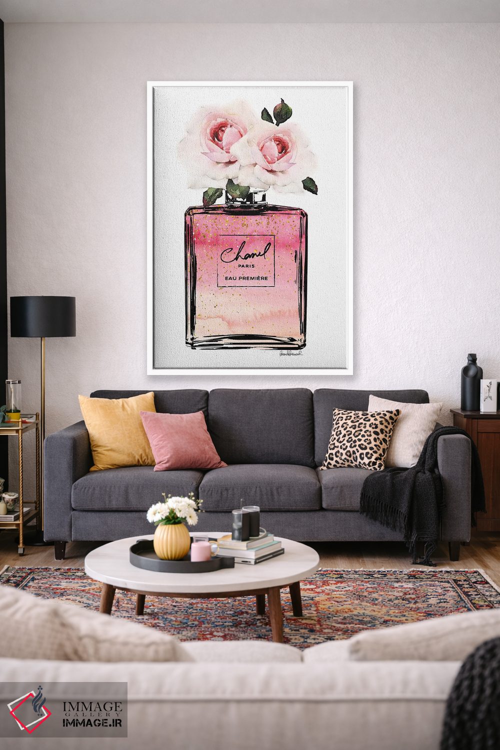 تابلو دکوراتیو Pink, Ombre, Glitter, & Pink Rose,بطری عطر مشکی، صورتی… اثر آماندا گرینوود - D1W