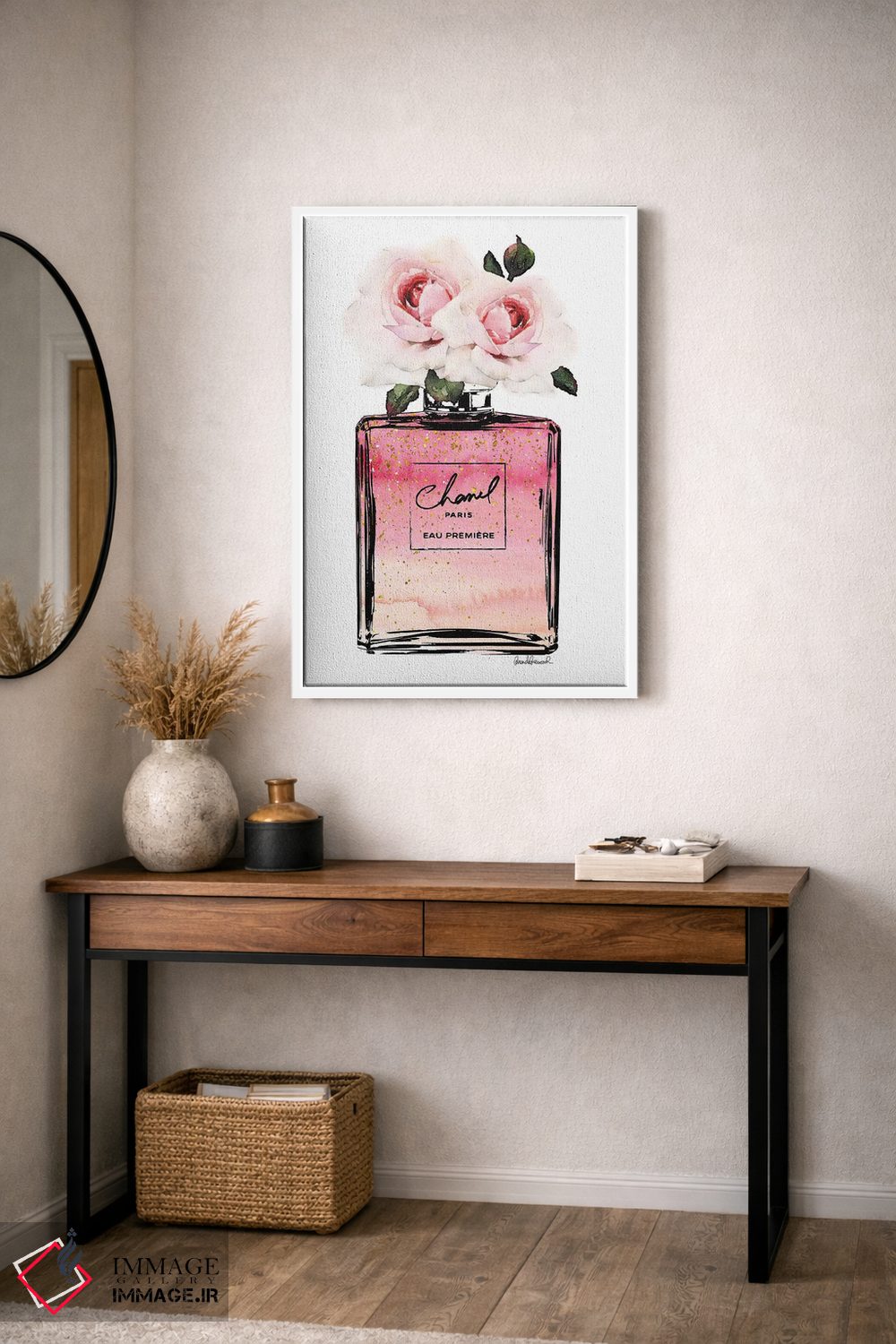 تابلو دکوراتیو Pink, Ombre, Glitter, & Pink Rose,بطری عطر مشکی، صورتی… اثر آماندا گرینوود - D3W