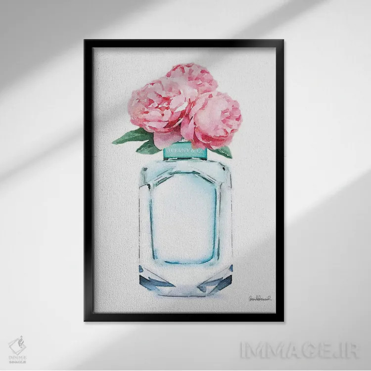 تابلو دکوراتیو عطر فیروزه ای و گل صدتومانی صورتی اثر آماندا گرینوود - نمای قابدار مشکی