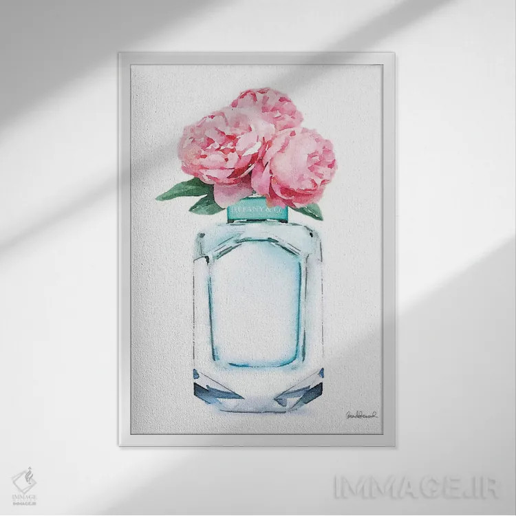 تابلو دکوراتیو عطر فیروزه ای و گل صدتومانی صورتی اثر آماندا گرینوود - نمای قابدار سفید