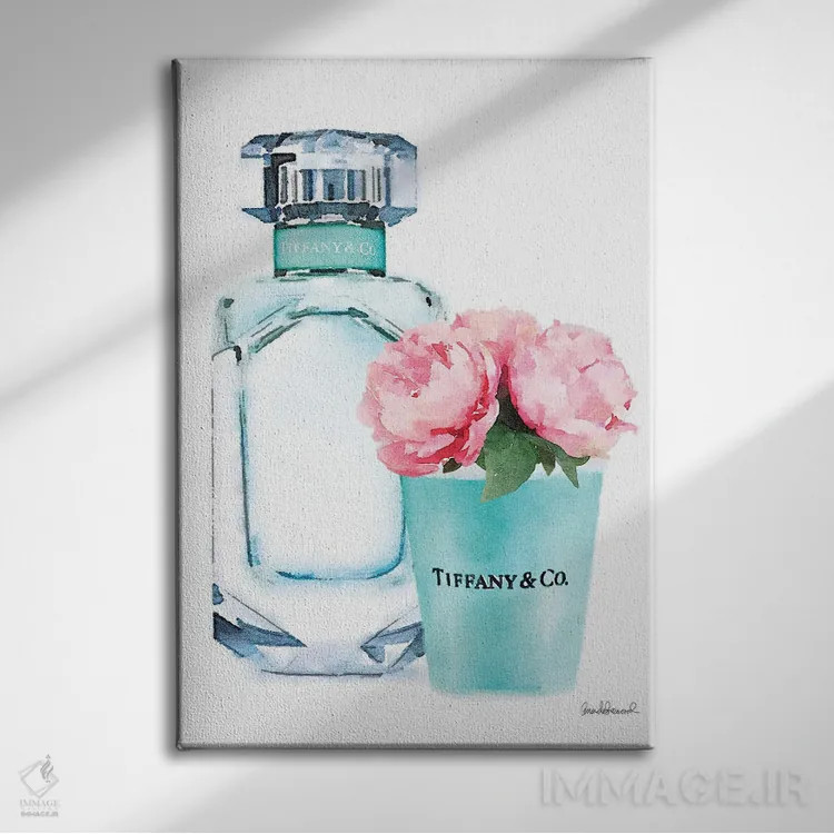 تابلو دکوراتیو ست عطر فیروزه ای II اثر آماندا گرینوود - نمای روبهرو روی دیوار