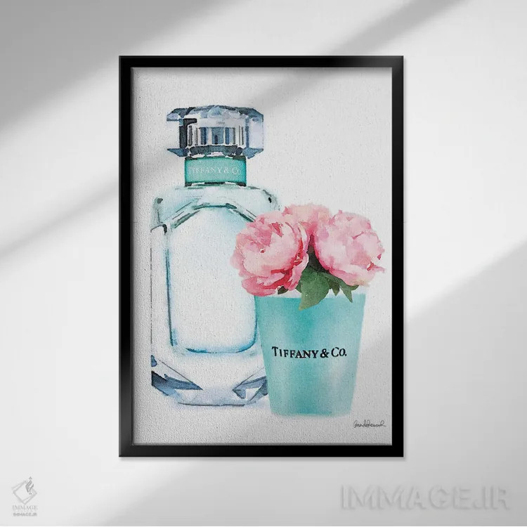 تابلو دکوراتیو ست عطر فیروزه ای II اثر آماندا گرینوود - نمای قابدار مشکی