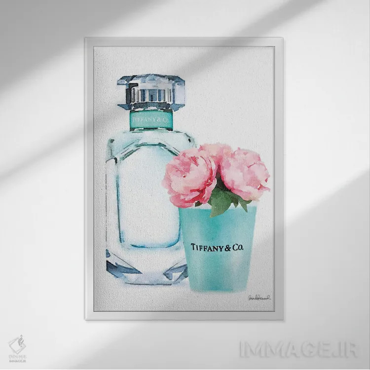 تابلو دکوراتیو ست عطر فیروزه ای II اثر آماندا گرینوود - نمای قابدار سفید