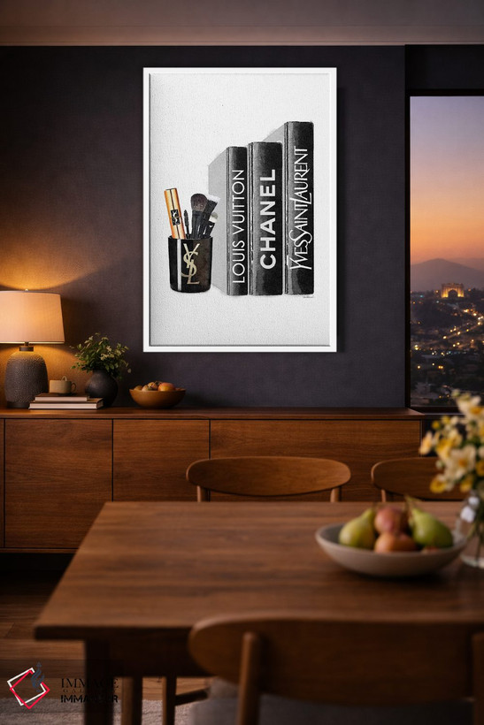 تابلو دکوراتیو کتاب ها با شمع YSL و براش ها اثر آماندا گرینوود - D1W