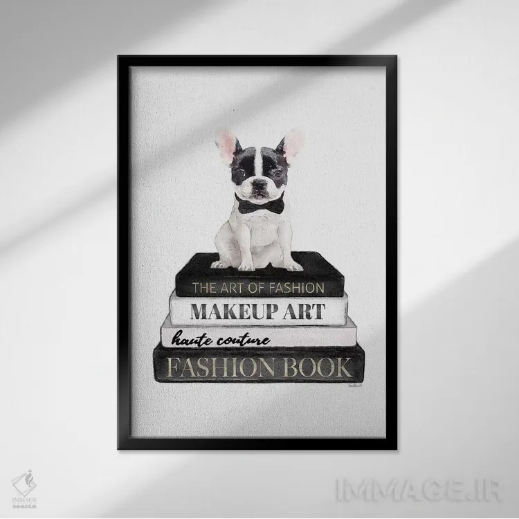 تابلو دکوراتیو Grey, B&W Frenchie,کتاب های مد خاکستری و فرنچ بولداگ سیا… اثر آماندا گرینوود - نمای قابدار مشکی