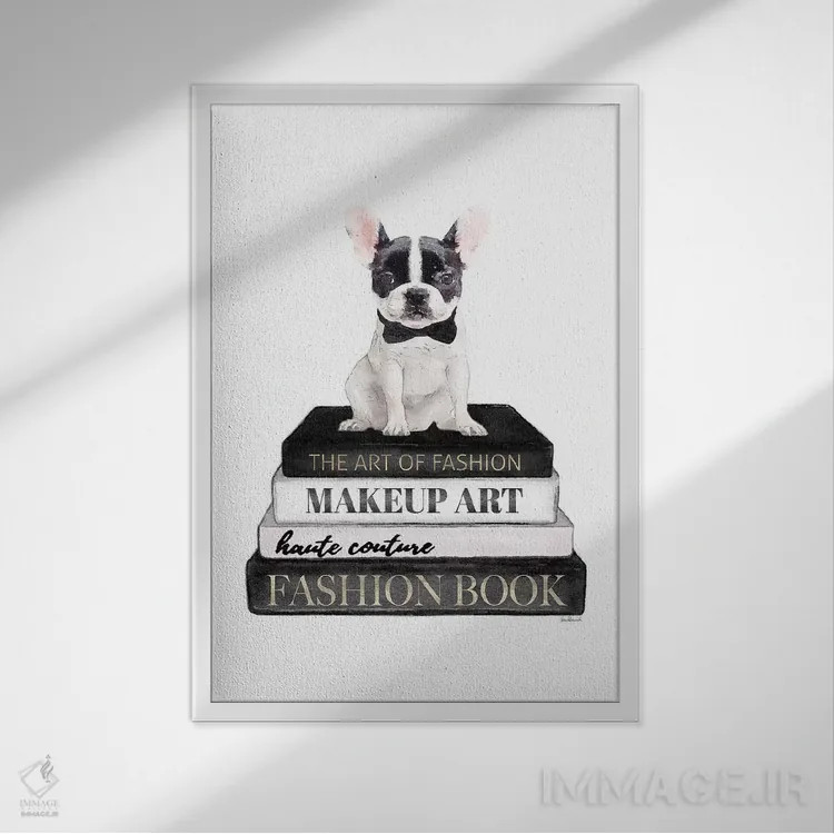 تابلو دکوراتیو Grey, B&W Frenchie,کتاب های مد خاکستری و فرنچ بولداگ سیا… اثر آماندا گرینوود - نمای قابدار سفید