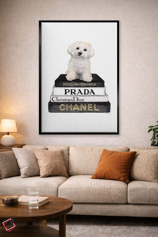 تابلو دکوراتیو Grey, Maltese,کتاب های مد خاکستری و سگ مالتیز اثر آماندا گرینوود - D1B
