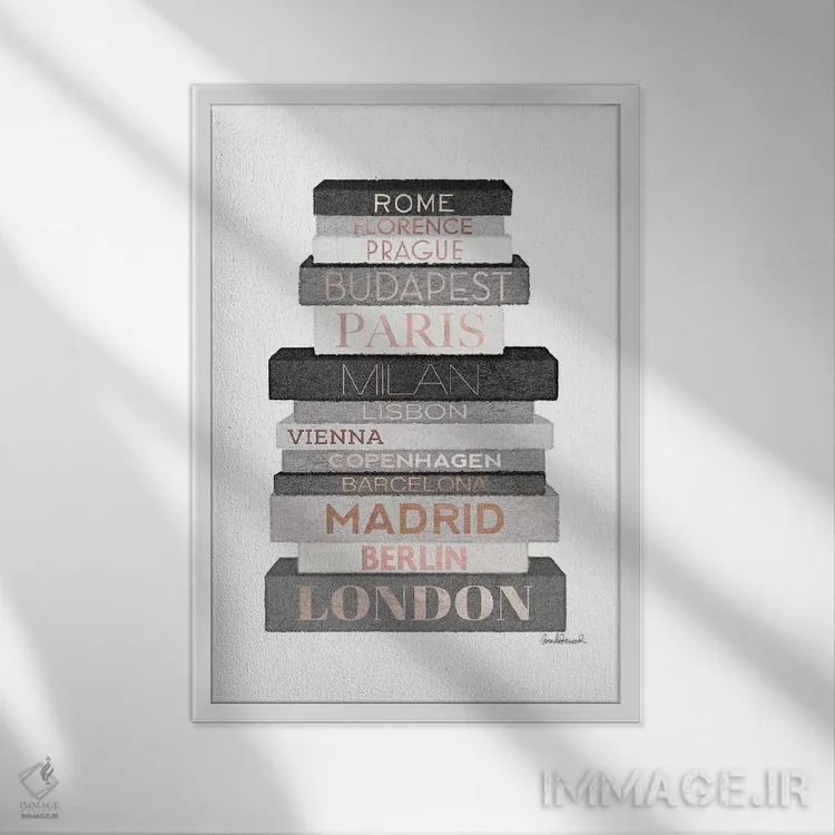 تابلو دکوراتیو Grey & Rose Gold,کتاب های شهر اروپا، خاکستری و رزگلد اثر آماندا گرینوود - نمای قابدار سفید