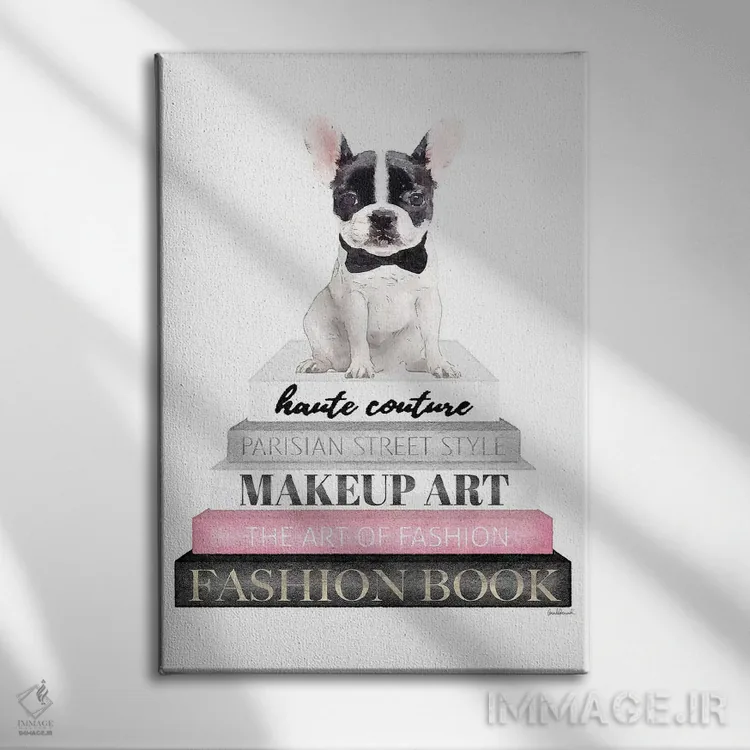تابلو دکوراتیو B&W Frenchie,کتاب های خاکستری با صورتی و فرنچ بولداگ سیا… اثر آماندا گرینوود - نمای روبهرو روی دیوار
