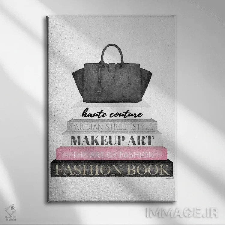 تابلو دکوراتیو Black Bag,کتاب های خاکستری با صورتی و کیف مشکی اثر آماندا گرینوود - نمای روبهرو روی دیوار