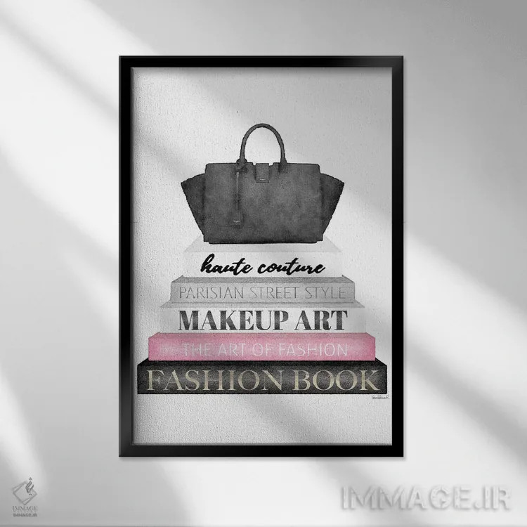 تابلو دکوراتیو Black Bag,کتاب های خاکستری با صورتی و کیف مشکی اثر آماندا گرینوود - نمای قابدار مشکی