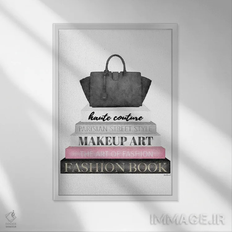 تابلو دکوراتیو Black Bag,کتاب های خاکستری با صورتی و کیف مشکی اثر آماندا گرینوود - نمای قابدار سفید