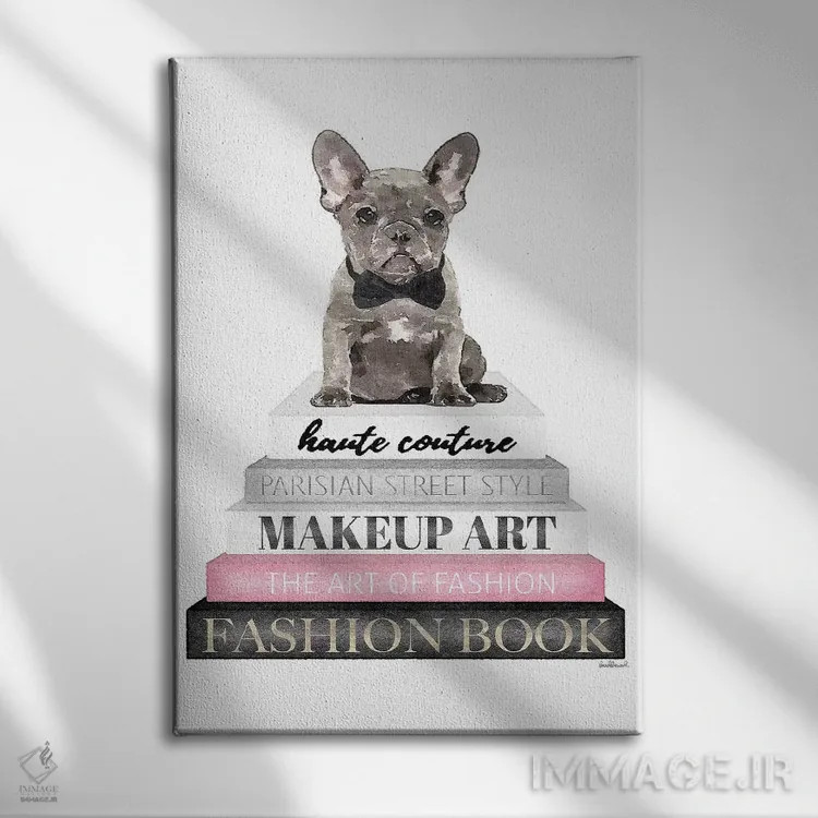 تابلو دکوراتیو Grey Frenchie, Bowtie,کتاب های خاکستری با صورتی، فرنچ بو… اثر آماندا گرینوود - نمای روبهرو روی دیوار