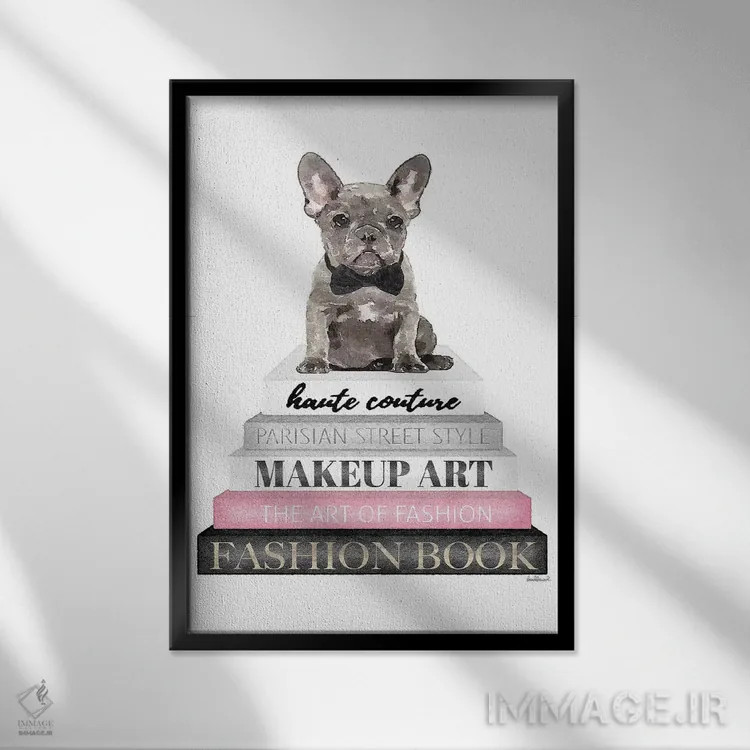 تابلو دکوراتیو Grey Frenchie, Bowtie,کتاب های خاکستری با صورتی، فرنچ بو… اثر آماندا گرینوود - نمای قابدار مشکی