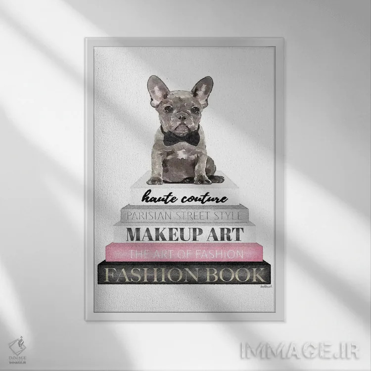 تابلو دکوراتیو Grey Frenchie, Bowtie,کتاب های خاکستری با صورتی، فرنچ بو… اثر آماندا گرینوود - نمای قابدار سفید