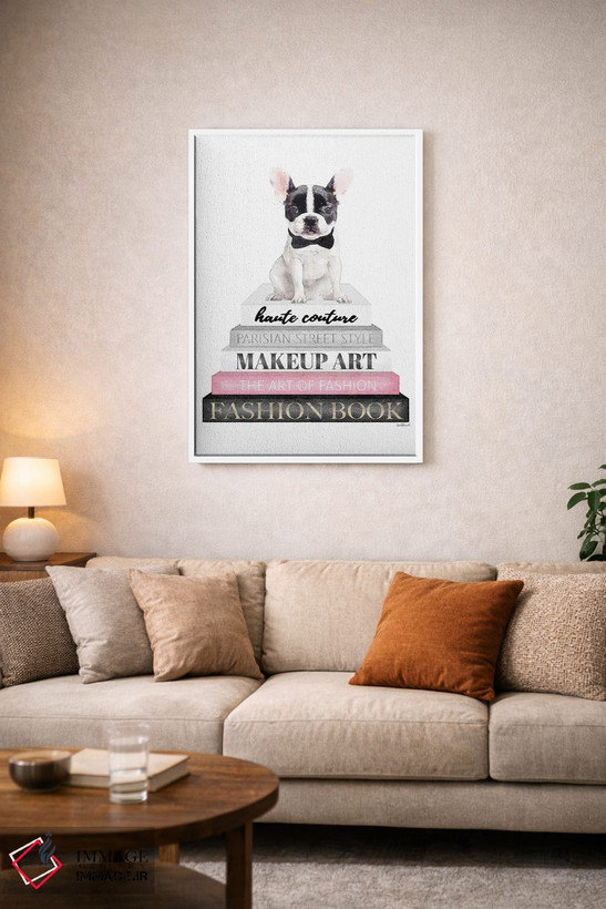 تابلو دکوراتیو B&W Frenchie,کتاب های خاکستری با صورتی و فرنچ بولداگ سیا… اثر آماندا گرینوود - D3W